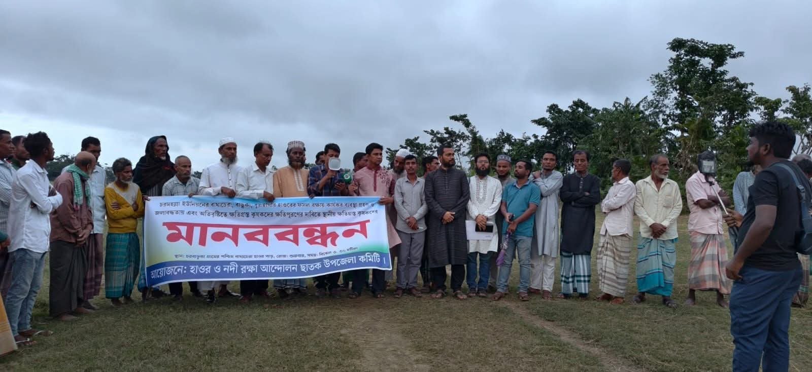 ছাতকের চরমহল্লায় বাঘাচেরা হাওরের কৃষকদের মানববন্ধন: ক্ষতিপূরণ ও স্থায়ী সমাধানের দাবি