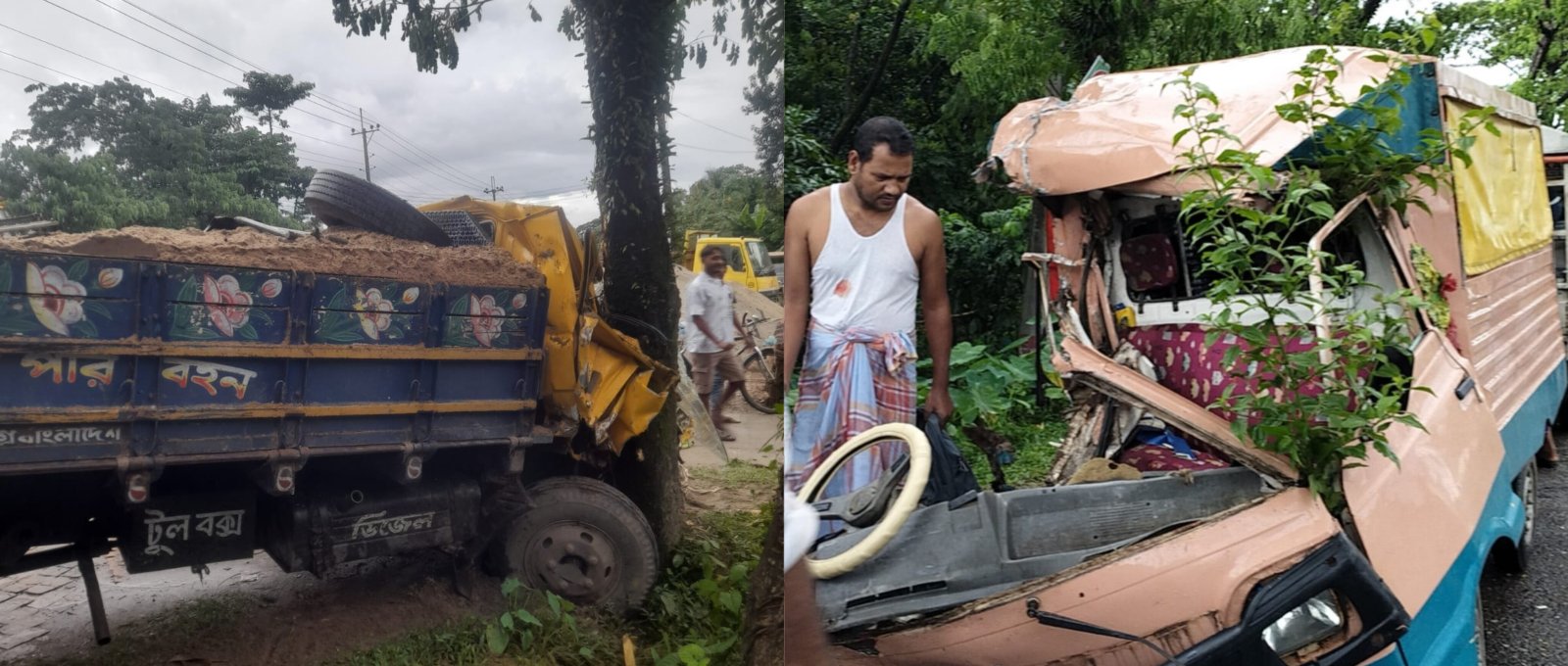 তামাবিল মহাসড়কে বালুবোঝাই ট্রাকের সঙ্গে লেগুনার মুখোমুখি সংঘর্ষ; আহত চালক ও শিশু