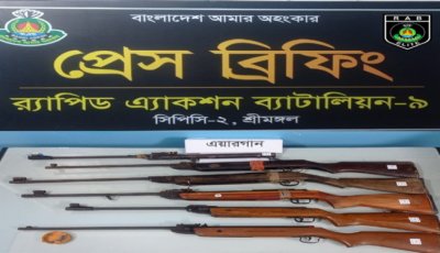 মৌলভীবাজারে অভিযানে ৬টি এয়ারগান ও ২০ রাউন্ড গুলি উদ্ধার