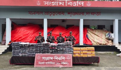 সিলেট সীমান্তে চোরাচালানবিরোধী অভিযানে গরু, শাড়ি, চিনি ও মদসহ ৬৬ লাখ টাকার মালামাল জব্দ