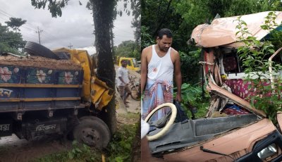 তামাবিল মহাসড়কে বালুবোঝাই ট্রাকের সঙ্গে লেগুনার মুখোমুখি সংঘর্ষ; আহত চালক ও শিশু