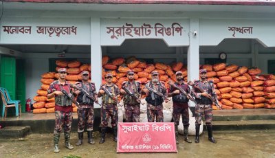 কানাইঘাট-জৈন্তাপুর সীমান্তে ১৯ বিজিবির অভিযানে ভারতীয় জিরা, চা ও গরু জব্দ