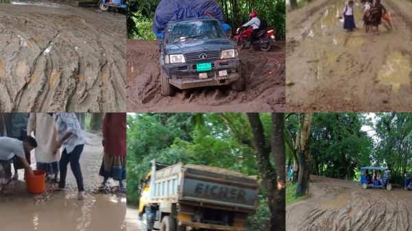 অবৈধ বালুব্যবসা ও এলজিডির অবহেলায় ভেঙে গেছে সোনারহাট–গোয়াইনঘাট রোড: