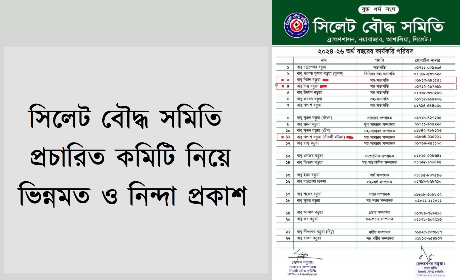 সিলেট বৌদ্ধ সমিতির প্রচারিত কমিটি নিয়ে ভিন্নমত ও নিন্দা প্রকাশ