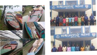 মধ্যনগরে অবৈধভাবে বালু উত্তোলনের সময় বালু বোঝাই ৫ টি নৌকা সহ ১৫ জন আটক